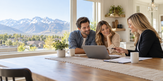 Utah first-time homebuyers meeting with a mortgage advisor to compare mortgage rates and loan options.
