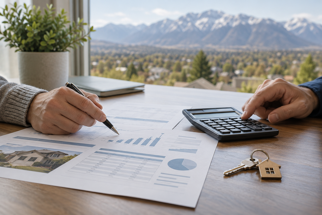 Hands using a calculator to compare Utah mortgage rates, estimated payments, and homebuying costs.