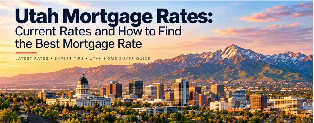 Illustrated Salt Lake City skyline and Wasatch Mountains introducing a Utah mortgage rates guide.
