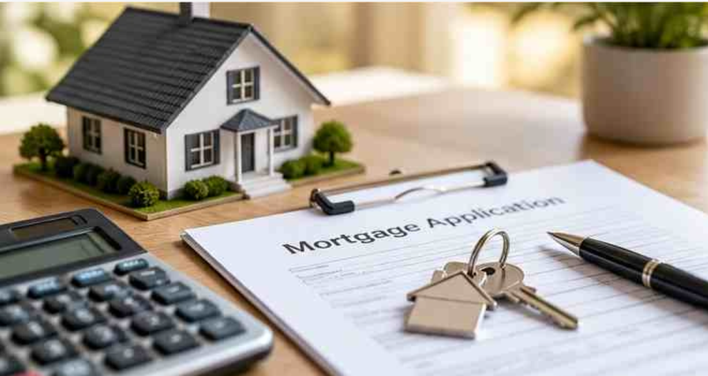 Model house, calculator and mortgage application illustrating how to estimate home loan costs.