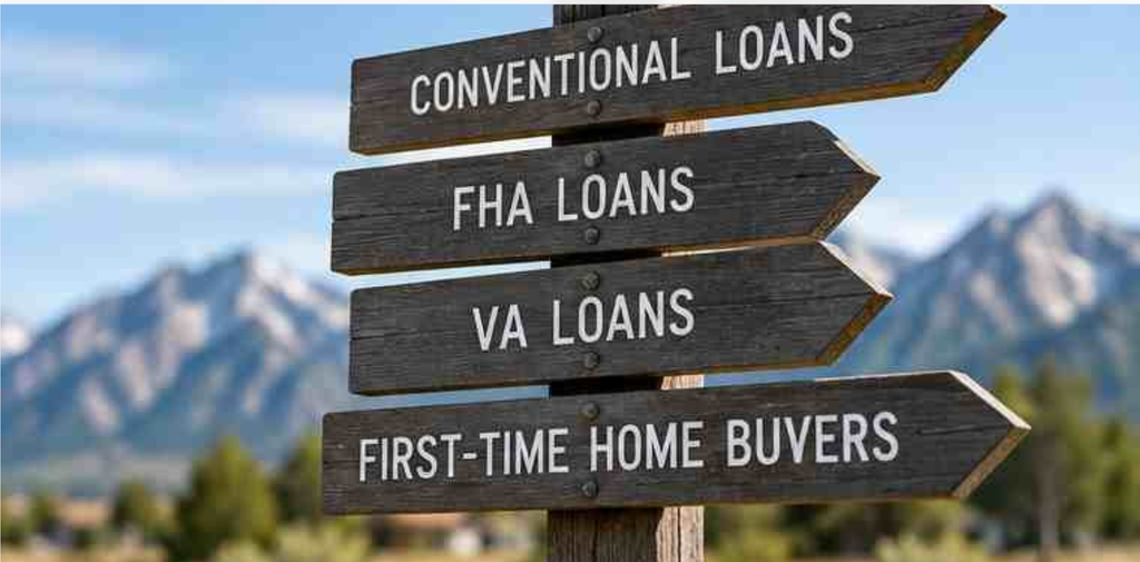 Directional signs illustrating conventional, FHA, VA and first-time homebuyer loan choices.