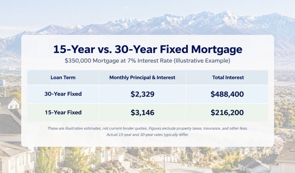 Utah mortgage rates comparison showing monthly payments and total interest for 15-year and 30-year fixed loans on a $350,000 mortgage.