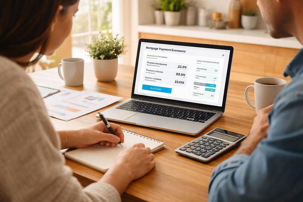 Utah homebuyers using an online mortgage calculator on a laptop to estimate monthly payments and compare home loan options.