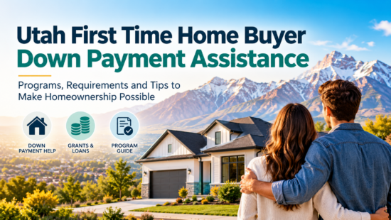 Image Showing a couple looking at their first home backdropped by the mountains. Text is overlayed reading "Utah First Time Home Buyer Down Payment Assistance: Programs, Requirements, and Tips to Make Homeownership Possible