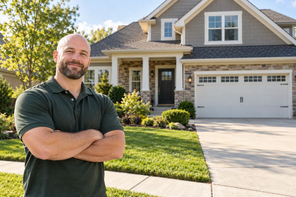 Smiling bald man in a green polo outside a suburban home he obtained through mortgage rates