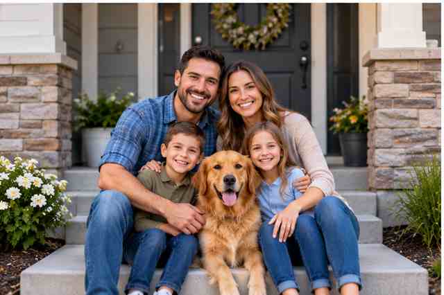 Family sitting outside their home with their dog, illustrating homeownership opportunities for Utah buyers with lower credit scores.