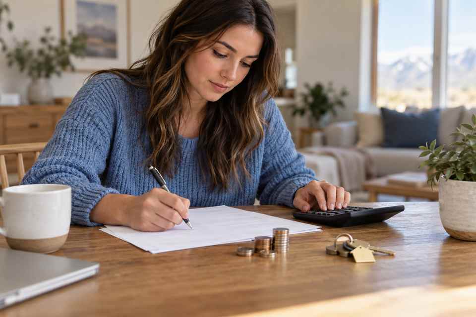 A first-time buyer uses a calculator while planning cash for a down payment and closing costs
