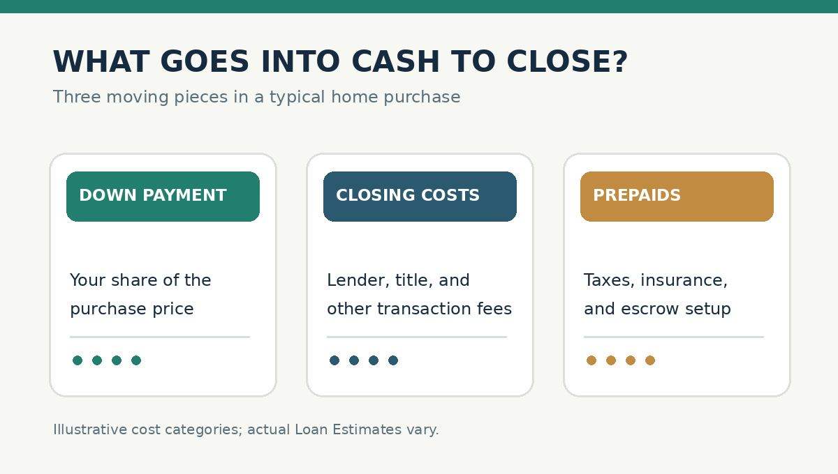 Three-part illustration of down payment, transaction closing costs, and prepaid taxes and insurance when buying a first home in Utah.