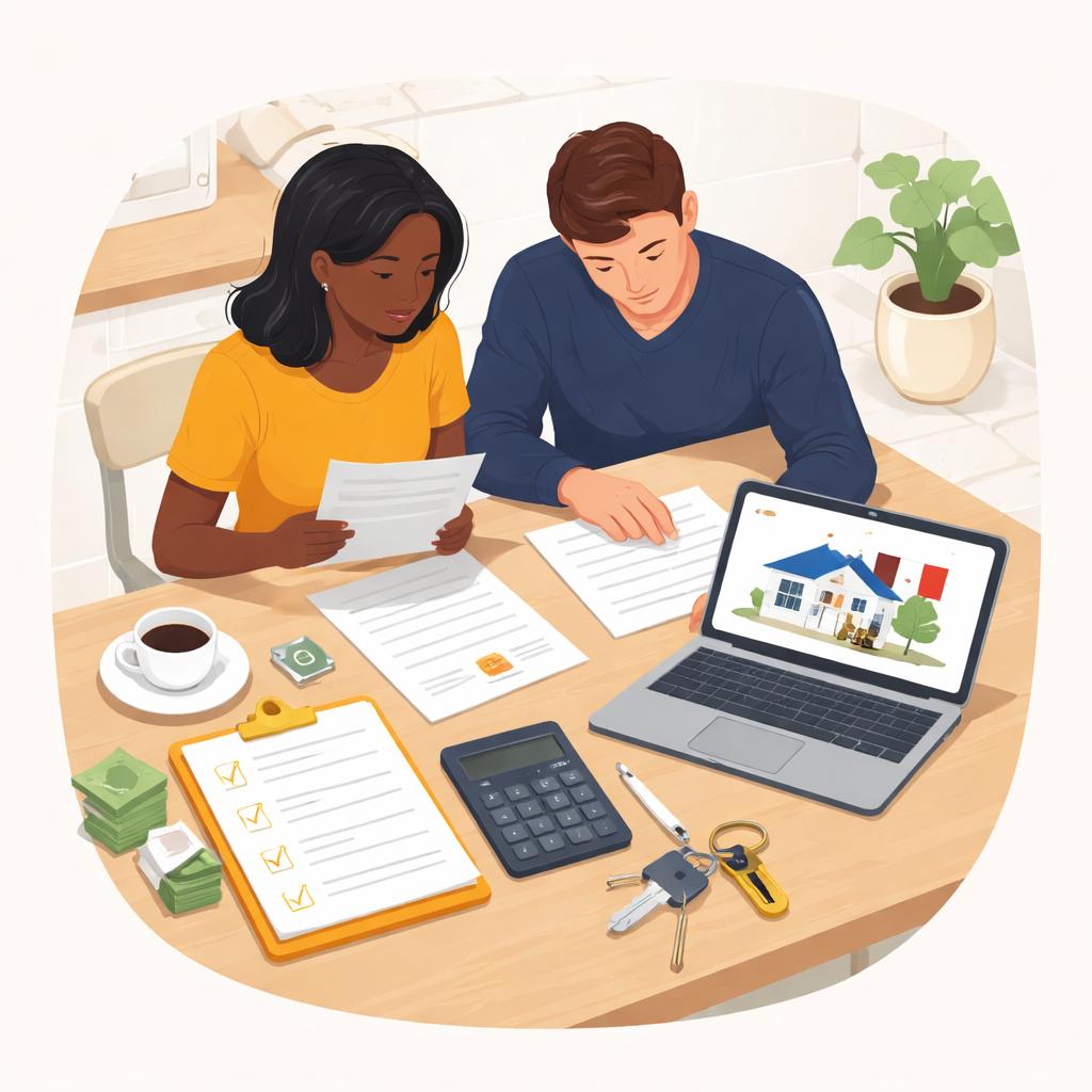 Two first-time homebuyers reviewing home purchase documents and keys while exploring mortgage options.
