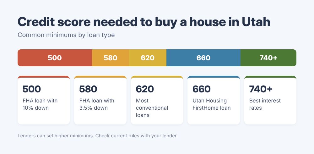 Infographic showing common mortgage credit score thresholds of 500, 580, 620, 660, and 740 or higher.