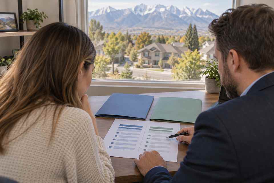 A Utah home buyer and mortgage professional compare two loan option folders at a desk