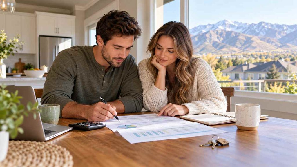 Two first-time home buyers review a
mortgage budget at a kitchen table with Utah mountains outside.