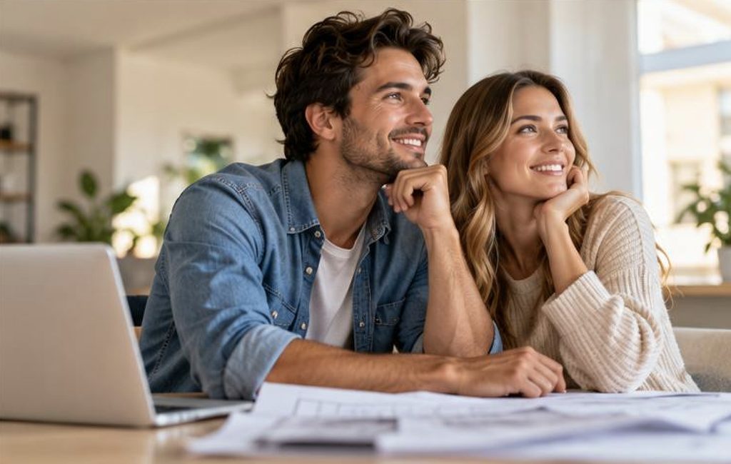 Couple reviewing home buying plans together on a laptop during the mortgage pre-approval process.