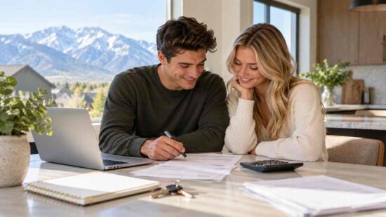 First-time home buyers in Utah reviewing mortgage options, rates, and a home loan budget.