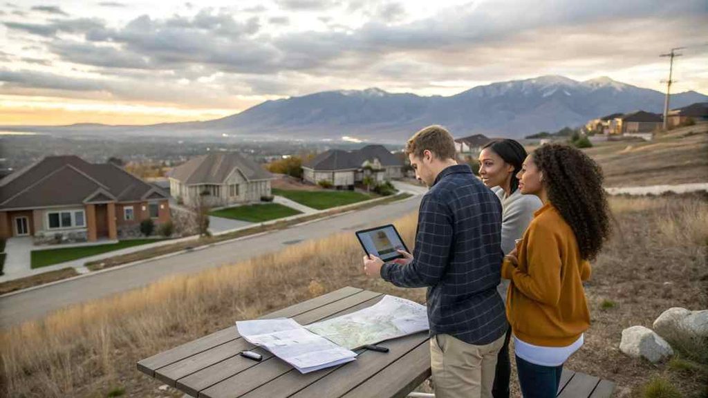 Prospective first-time home buyers exploring Utah homes with mountain views while researching home buyer programs.