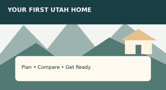 Illustrated Utah first-time home buyer checklist featuring a house and mountains.