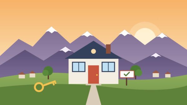 Illustration of a first-time home buyer's house in Utah with mountains and a key
