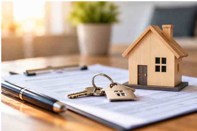 Wooden model house and keys resting on mortgage documents, representing Utah mortgage rates and home equity loan options.