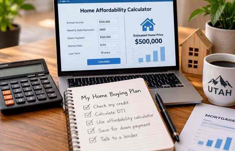 Home affordability planning workspace with a calculator, financial documents, and a model house for estimating mortgage costs.