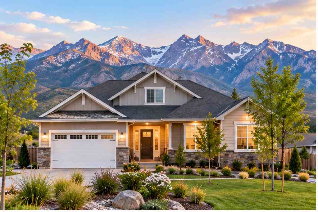 Utah home with mountain views illustrating Utah mortgage rates and home financing options.