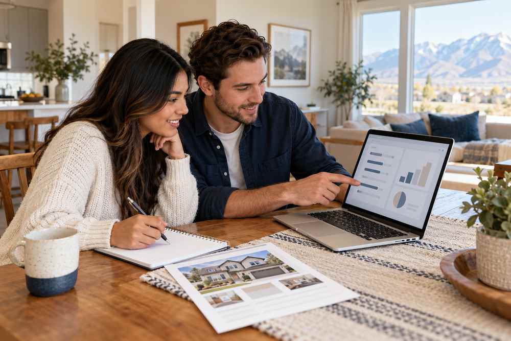 Two young homeownwers comparing mortgage rates and charts