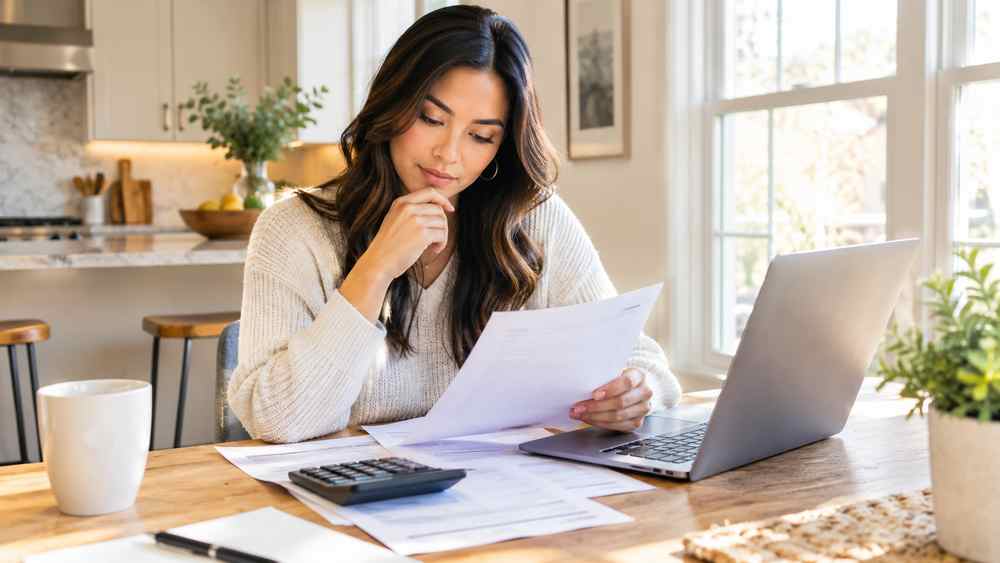 Utah homeowner comparing HELOC rates and lender offers with a calculator and laptop