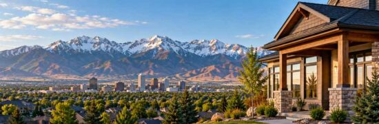 Utah home overlooking a valley and snow-covered mountains, illustrating home buying in Utah.