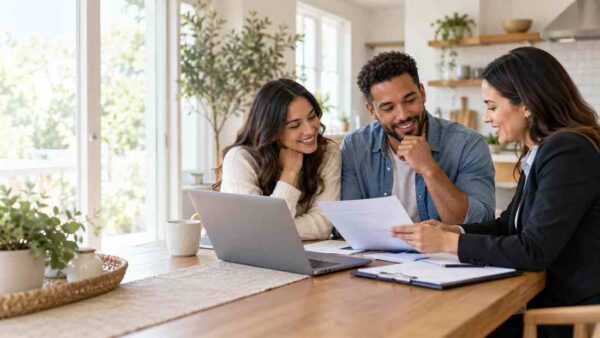 Homebuyers meeting with a mortgage advisor to review preapproval paperwork