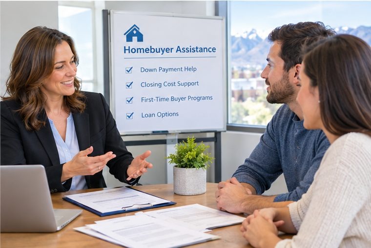 Mortgage advisor explaining Utah first-time homebuyer assistance programs to young couple