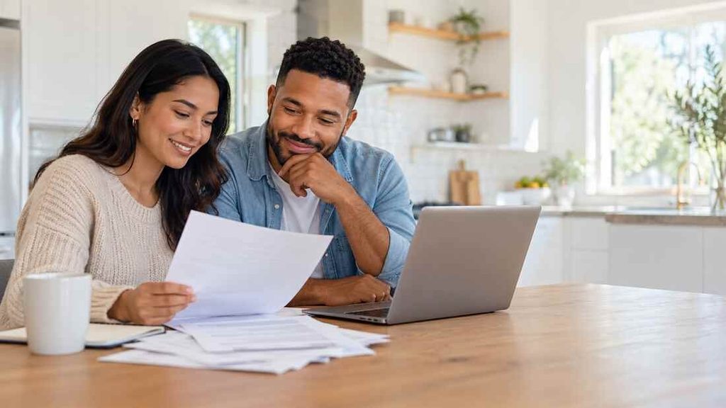 First-time home buyer organizing mortgage pre-approval documents at a desk