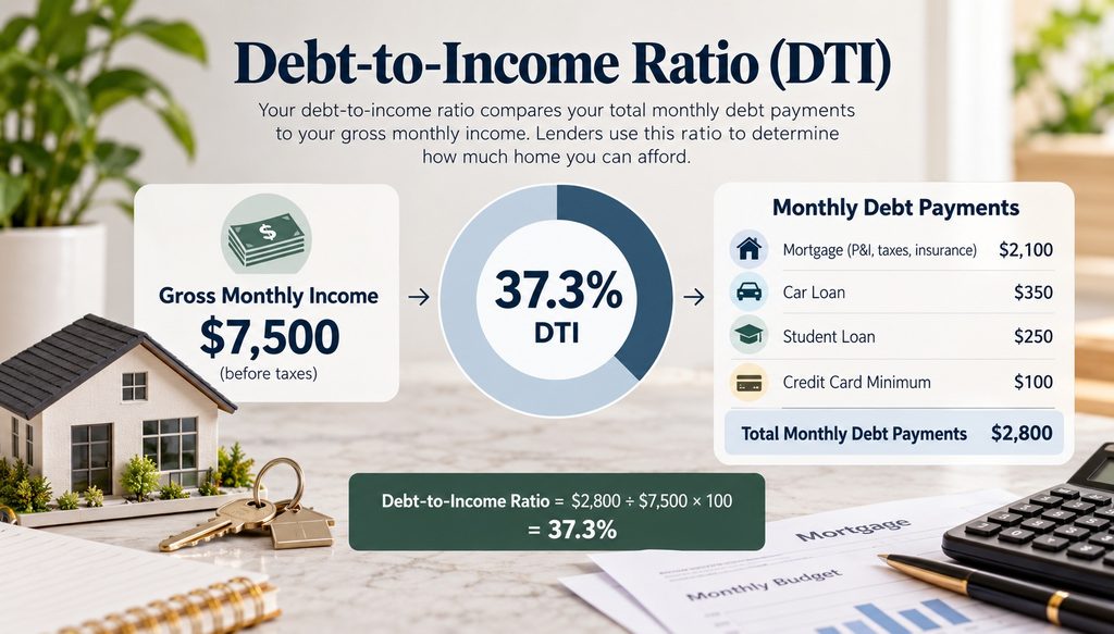 Debt-to-income ratio infographic showing $2,800 in monthly debt divided by $7,500 in gross monthly income, resulting in a 37.3% DTI.
