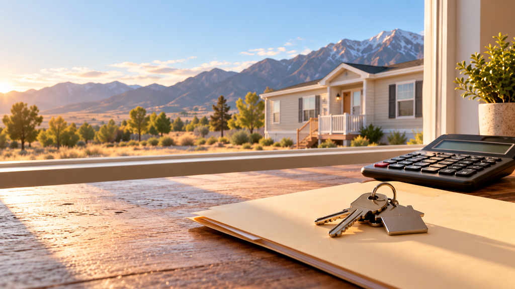 House keys and a calculator beside a manufactured home, illustrating how to estimate a mobile home loan payment.