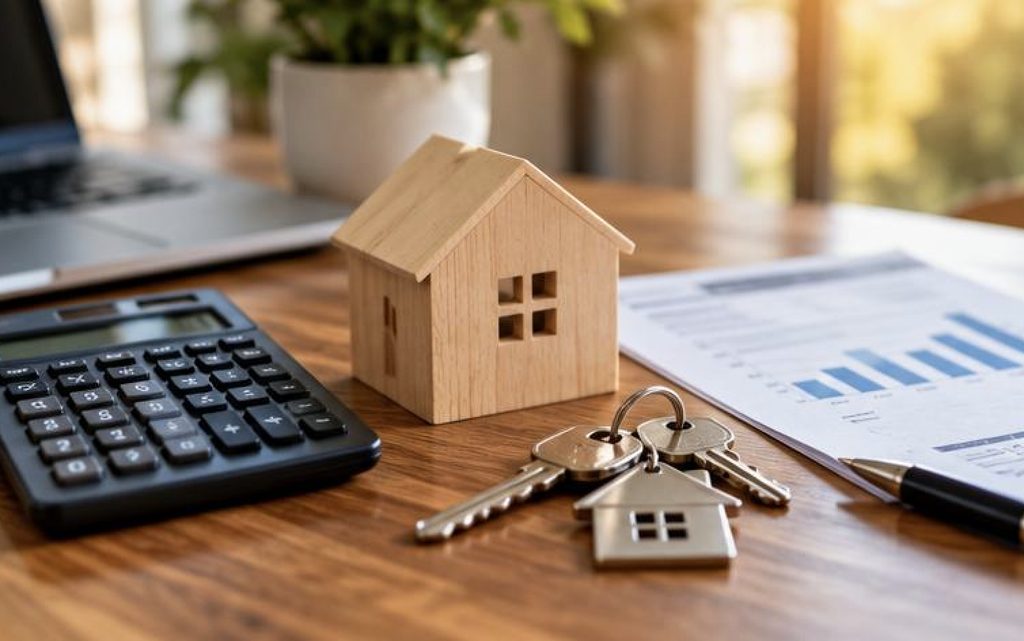Wooden model house, calculator, and house keys on a desk beside mortgage affordability paperwork.