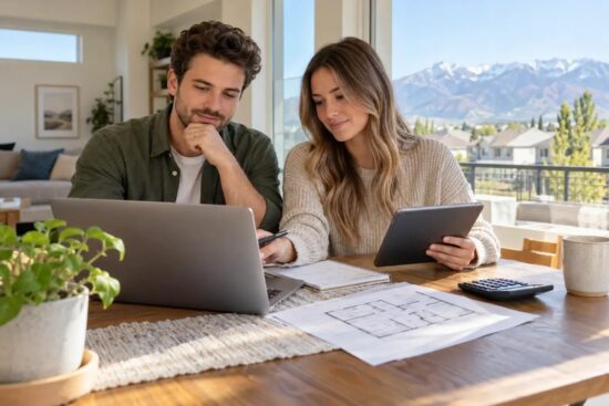Young couple meeting with a lender to review Utah first time home buyer programs, with mountains outside the window