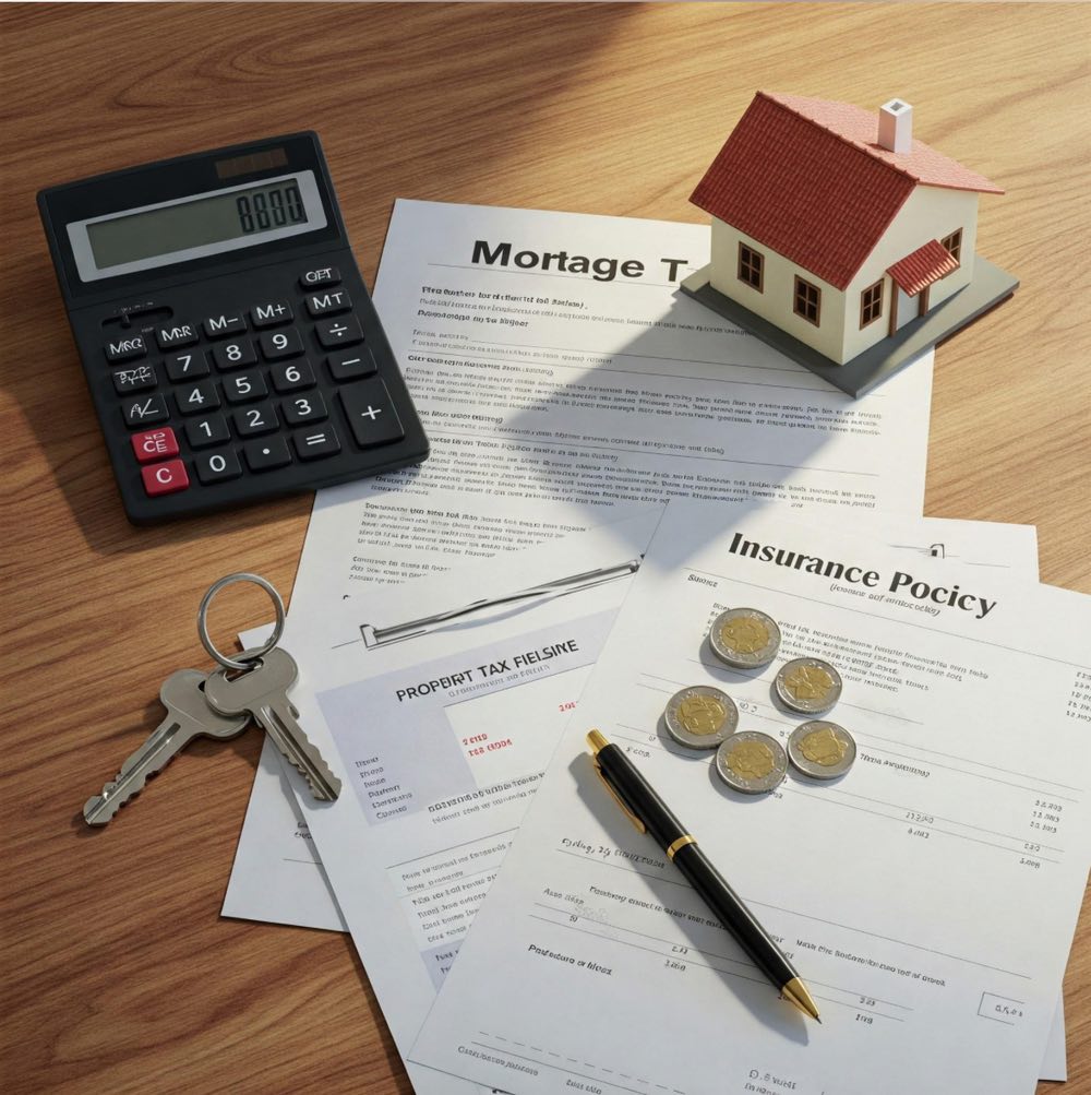 Mortgage calculator, model house, keys, and paperwork representing homeownership costs such as taxes and insurance.