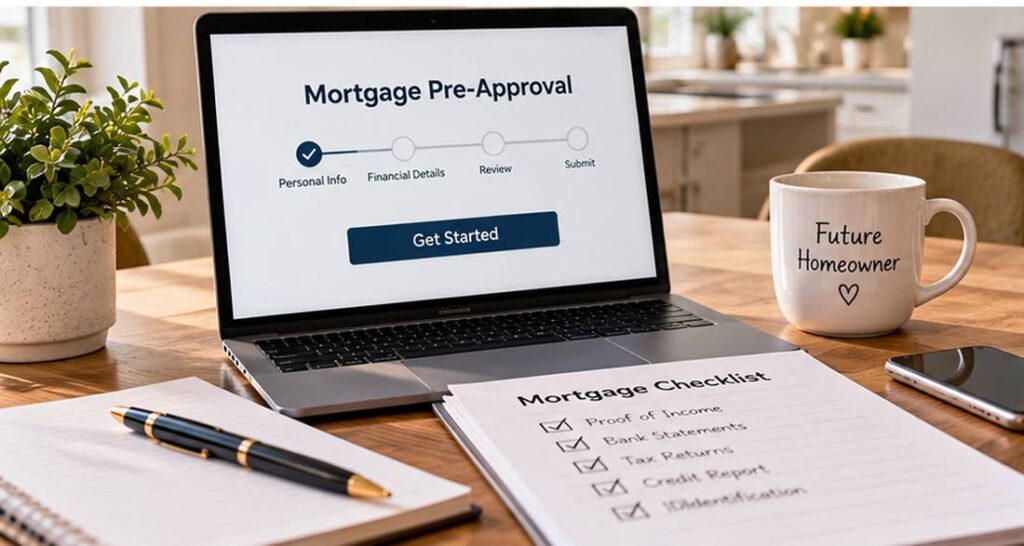 Mortgage pre-approval checklist with required documents on a laptop for first-time homebuyers.