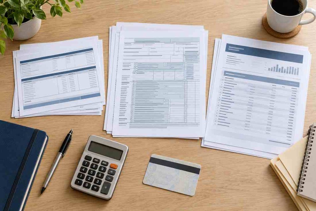Mortgage preapproval documents including income records, bank statements, calculator, and identification.