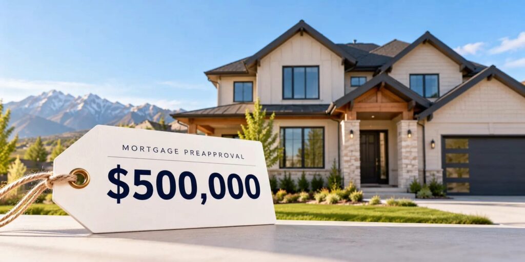 Modern Utah home with a $500,000 mortgage preapproval tag and mountains in the background.