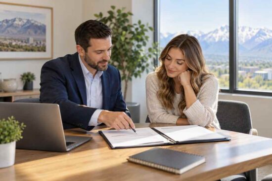 - Utah homebuyer reviewing mortgage pre-approval documents with a home loan professional