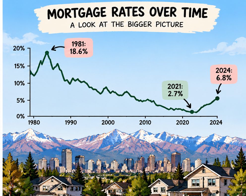 First-time homebuyer reviewing mortgage rate history and calculating estimated monthly housing costs.