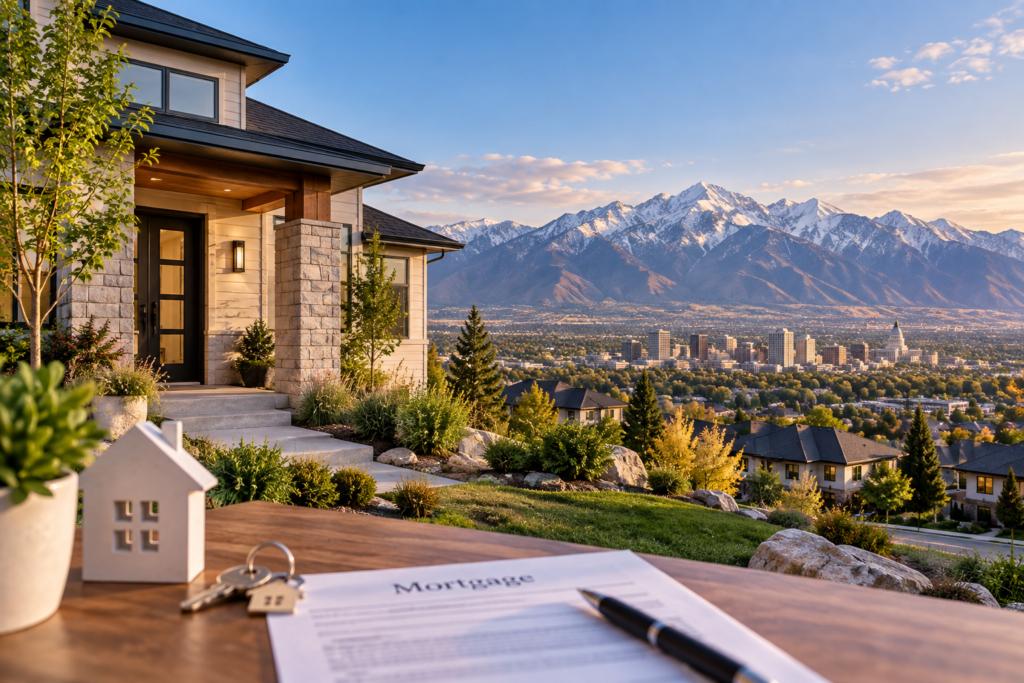 A Utah home with the Wasatch Mountains in the background, representing mortgage rates and home loan options.