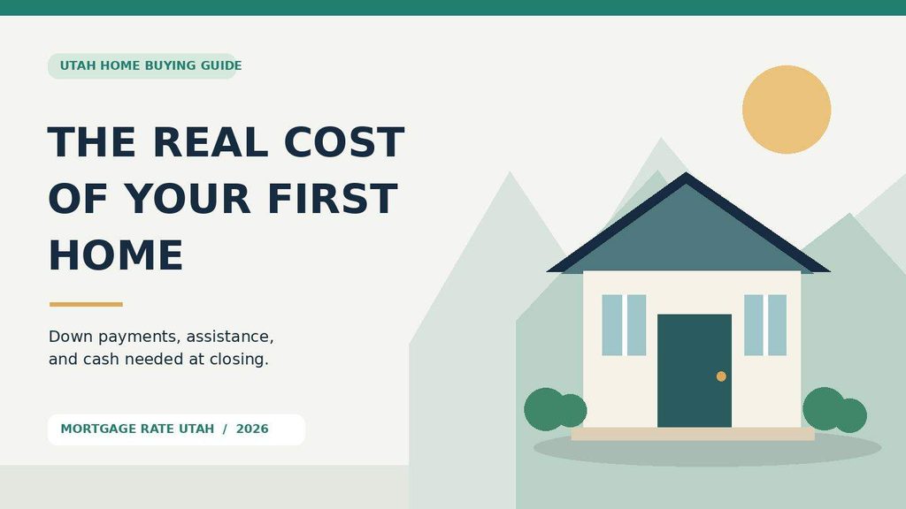 Illustrated Utah home beneath mountain peaks introducing a guide to first-time buyer down payment assistance and closing costs.