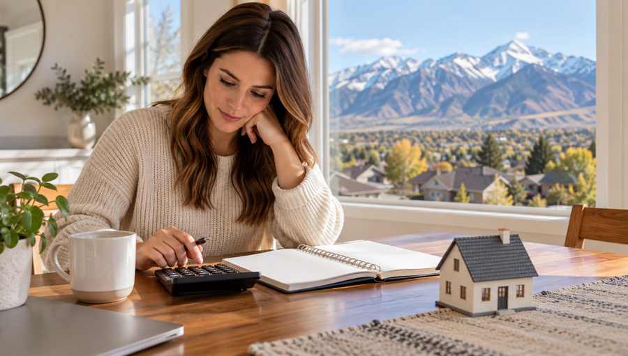 A homebuyer reviews savings and down-payment costs with a calculator.