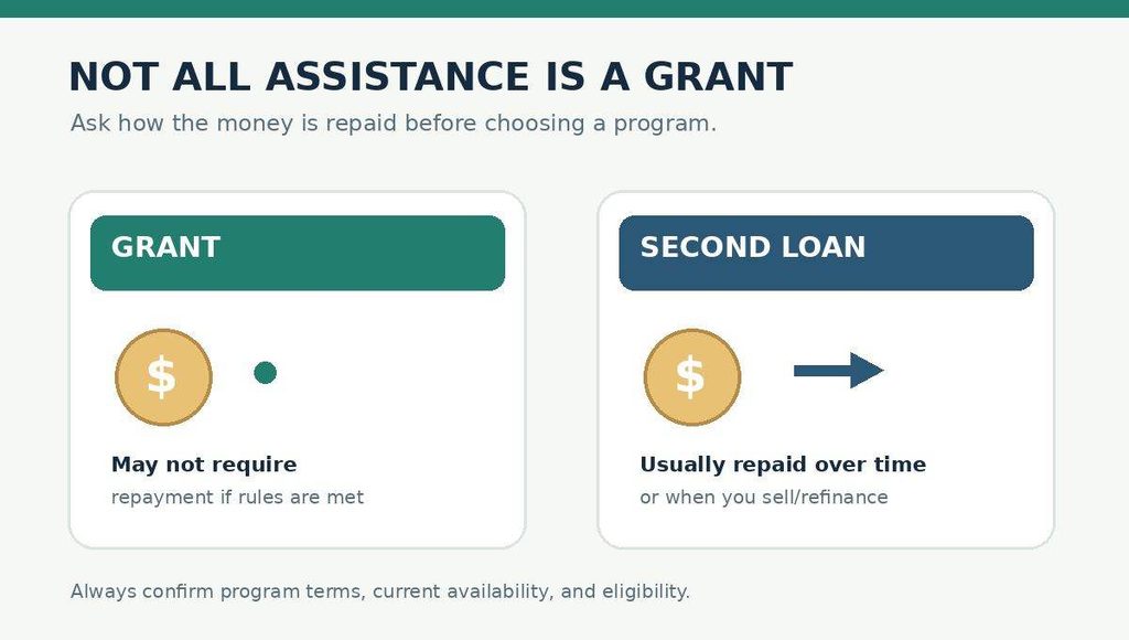Side-by-side illustration contrasting grants that may not require repayment with down payment assistance second loans that require repayment under program terms.