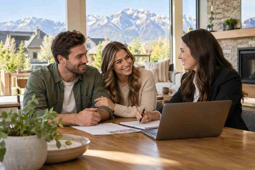 First-time homebuyers talk with a mortgage advisor about buying a home in Utah.